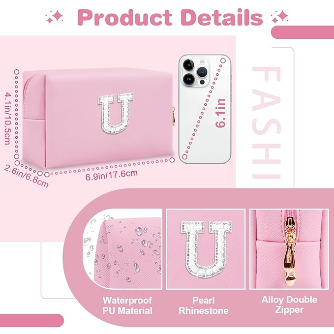 ChaoGreat Bride Gifts – Personalized Initial Makeup Bag with Pearl Rhinestone Patch, Preppy Pink Monogram Cosmetic/Toiletry Pouch, bridesmaid Gifts, Bridal Shower Gifts, Wedding Gifts, Bridal Gifts,U