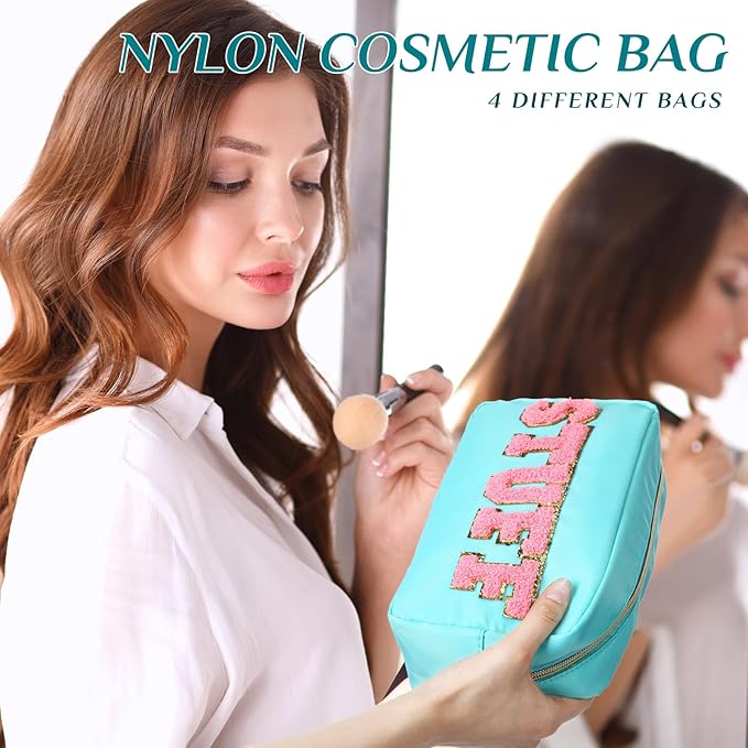 Remerry 4 Pcs Nylon Makeup Bags Waterproof Spacious Travel Cosmetic Bag for Women Chenille Letter Preppy Zipper Pouch Face Stuff Skin Hair Organizer Gift(Light Blue)