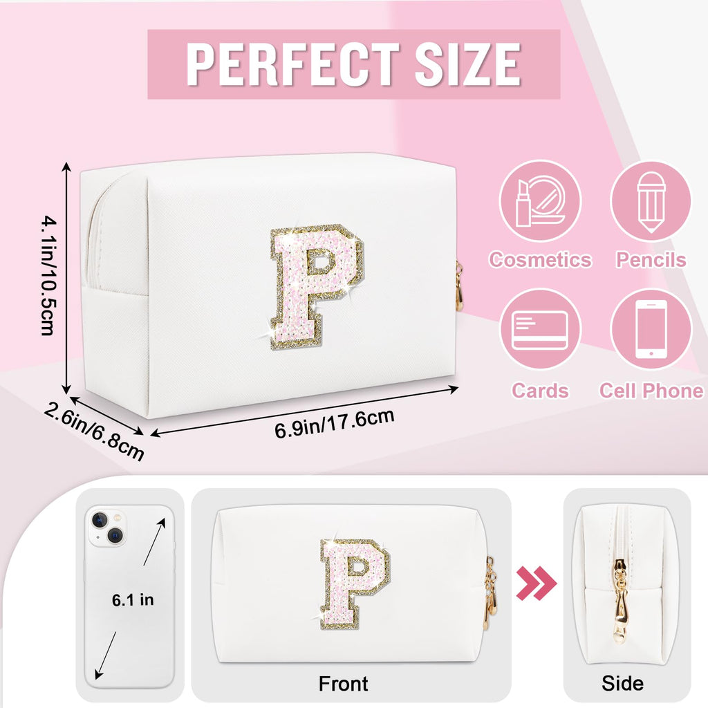 Small Travel Initial Preppy Makeup Bag, Personalized Black Cute Cosmetic Zipper Pouch Chenille Letter Travel Toiltery Bag, Waterproof PU Leather Makeup Case Storage Gift for Mom Women Female(Letter M)