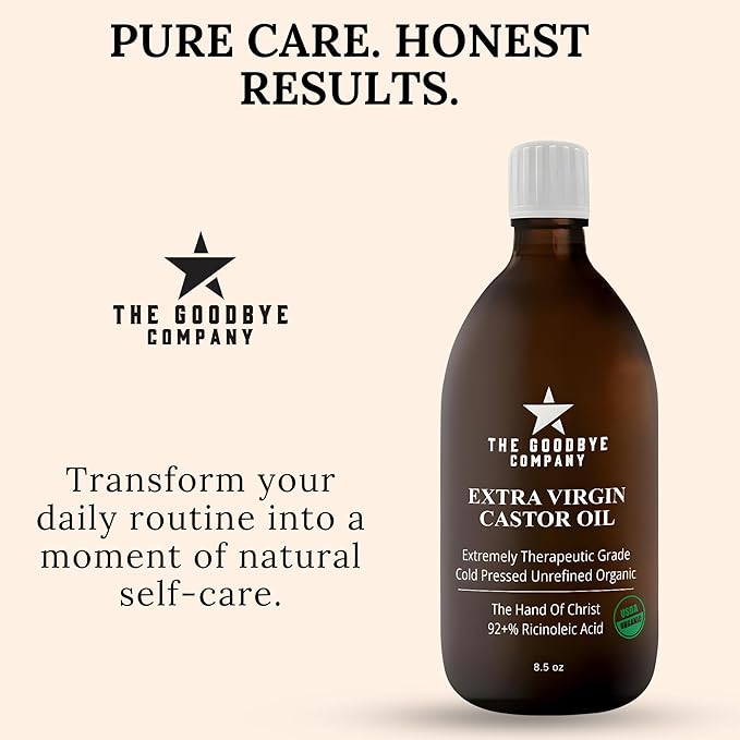 Goodbye Company USDA Organic Cold-Pressed Castor Oil, 8.5 oz Glass Bottle, Hexane-Free, Extra Virgin, Ethically Sourced, Pure Castor Oil for Hair, Skin, Lashes & Brows