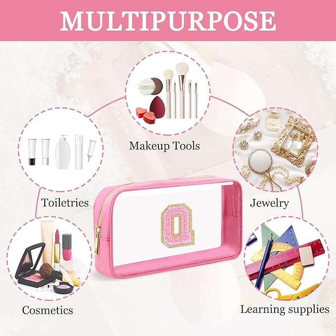 Small Clear Personalized Initial Makeup Bag, Preppy Nylon A-Z Chenille Letter Patch Makeup Organizer TSA Approved Travel Toiletry Bag,Waterproof Zip Beach Cosmetic Pouch Purse for Women(Pink-Pink Q)