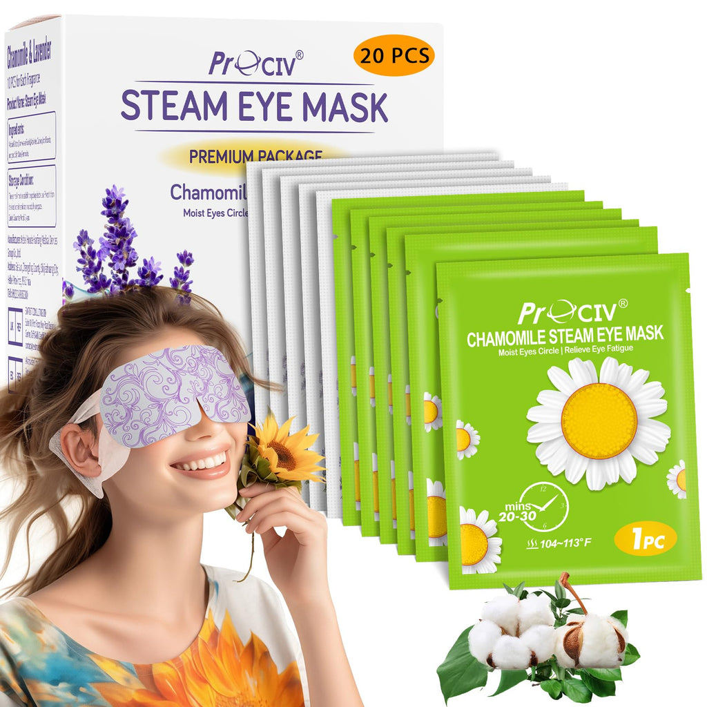 ProCIV 20 Packs Steam Eye Masks, Warming Eye Masks for Dark Circles, Disposable Self-heating Hot Eye Mask Soothing Headache, Dry Eyes, Heating Eye Mask for Stress Eye Fatigue Relief