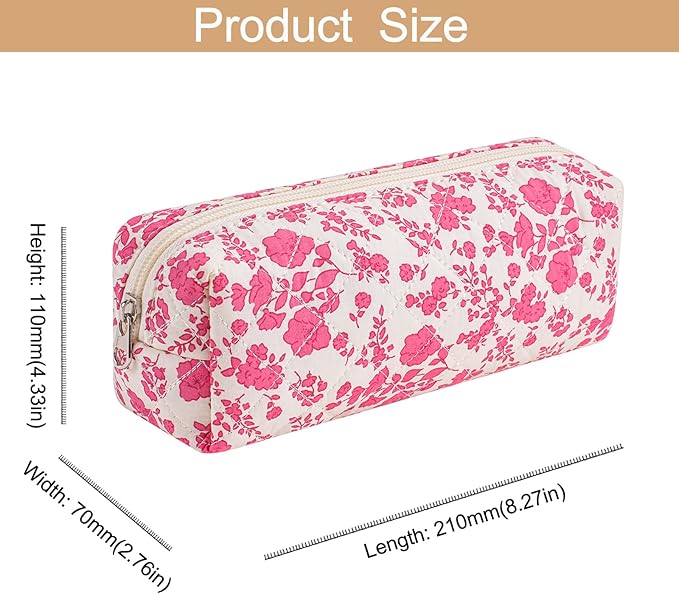HHQQWZ Cute Floral Cotton Makeup Brush Cosmetic Bag for Women, Travel Quilted Zipper Make Up Bag, Flowers Toiletry Organizer Case Kawaii Makeup Cosmetic Travel Cloth Pouch (Pink+Big Red Floral)