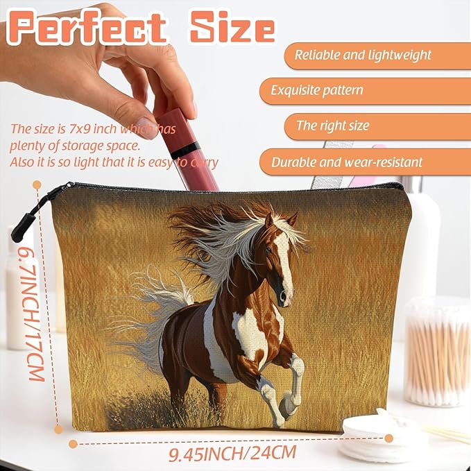 Scribesense Cosmetic Bags Travel Makeup Toilet Case Waterproof Pouch for Women Girls 6.7X9.45inches - Horse Galloped on The Golden Grass