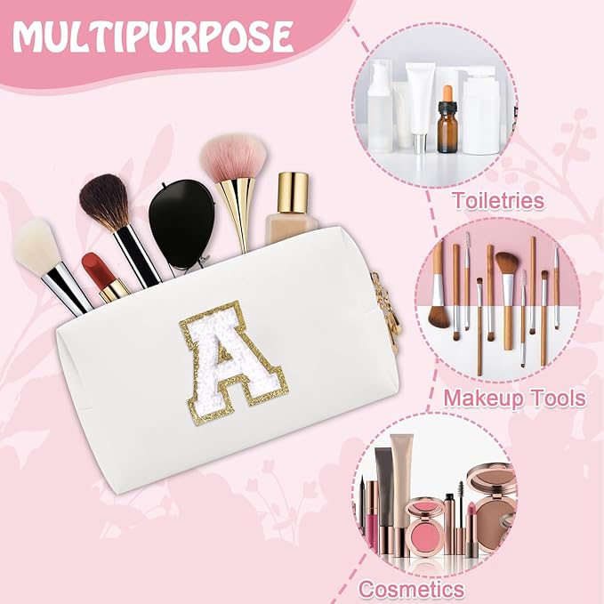 Personalized Initial Preppy Patch Makeup Bag, Small Travel Cute Cosmetic Pouch Makeup Case Organizer Toiletry Zipper Pouch, Waterproof Chenille Letter Storage Bag Gift for Women Friendship(Letter A)