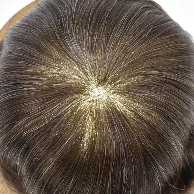 F M FACE MIRACLE NEW YORK Toupee for Men French Lace Human Hair Replacement Systems Lace Center with Poly Around Hairpiece Mens Toupee V-Looped Front Male Hair Units 6"X9" #230