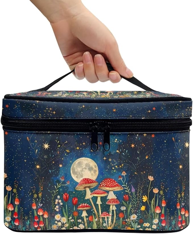 Drydeepin Vintage Mushroom Moon Starry Night Print Makeup Bag for Women Ladies Portable Cosmetic Bag with Zipper and Carry Handle Make Up Tote Bags Toiletry Case Organizer
