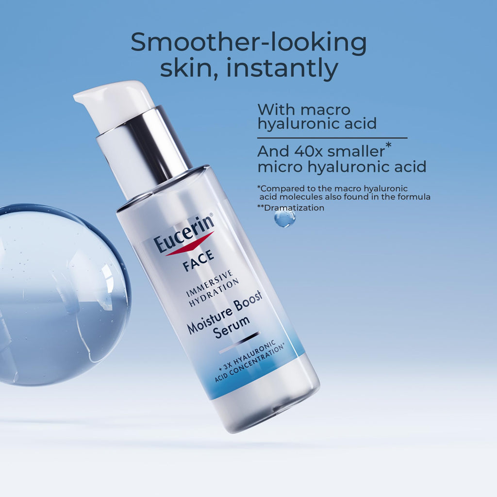 Eucerin Immersive Hydration Smoothing Face Serum, Ultra-Lightweight Hyaluronic Acid Serum Reduces the Look of Fine Lines and Wrinkles, 1 Fl Oz Bottle