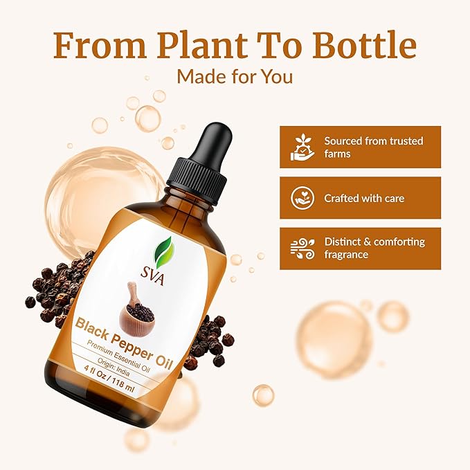 SVA Black Pepper Essential Oil Glass Bottle with Dropper, 4 Fl Oz (118 ml)