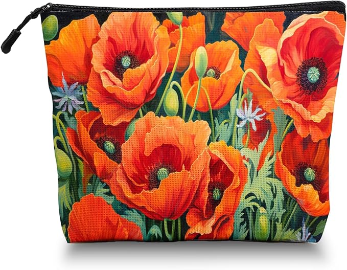 Scribesense Cosmetic Bags Travel Makeup Toilet Case Waterproof Pouch for Women Girls 6.7X9.45inches - Vibrant Orange Poppies With Greenery