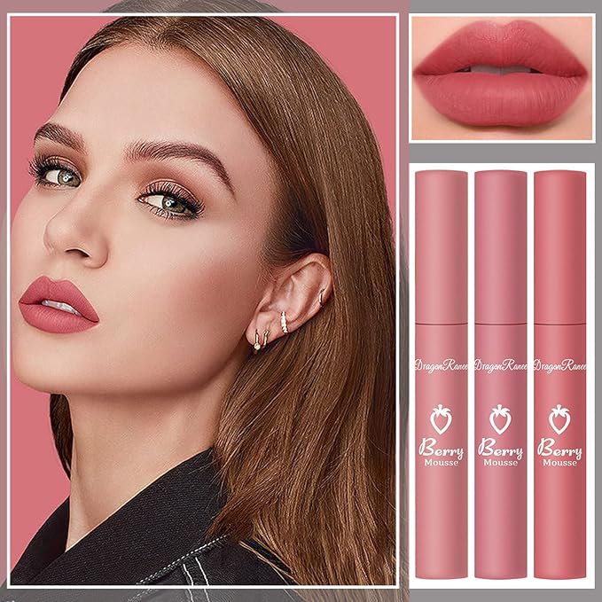 Sulily 3 Pcs Matte Lipstick for Women, Rose Red Nude Liquid Lipstick Makeup