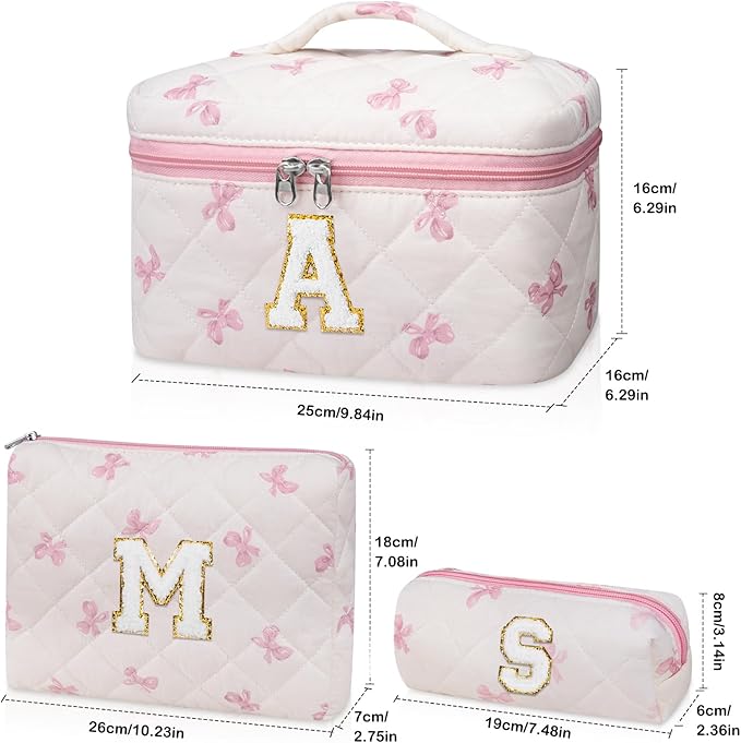 Junesters Initial Makeup Bag Set, Personalized Quilted Makeup Bag, Large Floral Cosmetic Bag for Women, Cute Cotton Custom Make up Bags, Flower Travel Toiletry Bag Teen Girl Gift Pink Butterfly K
