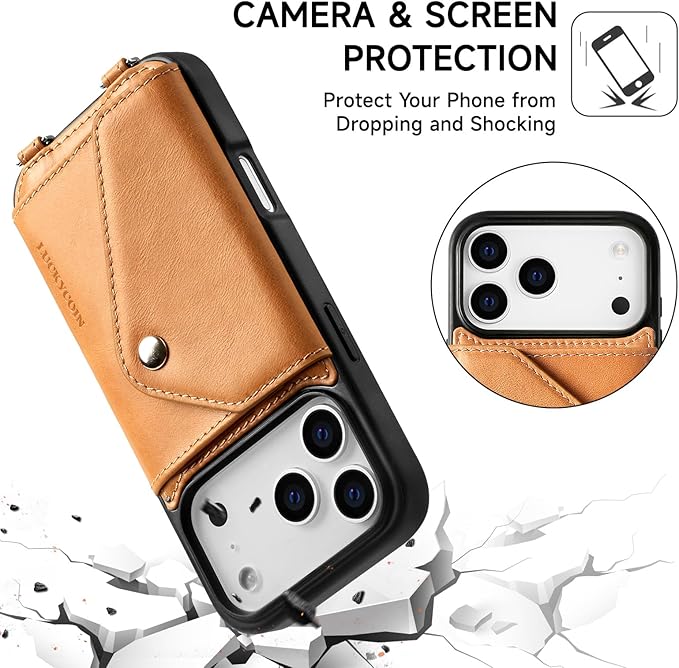 LUCKYCOIN Crossbody Phone Case for iPhone 17 Pro,100% Genuine Leather Phone Wallet Case for Women, Premium Hands-Free Phone Purse with Expandable Flip Card Holder & Adjustable Strap - Retro Tan