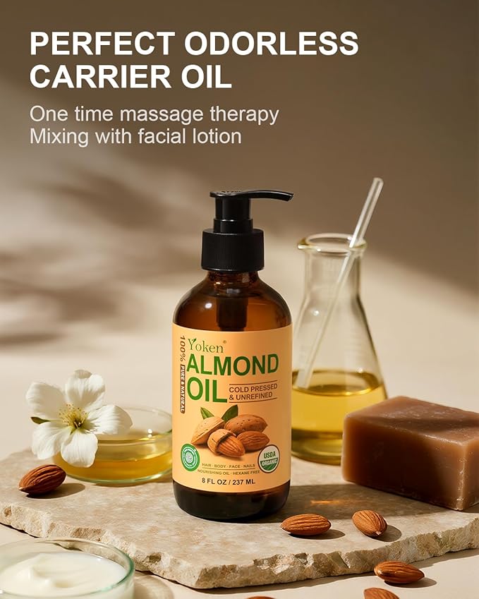 Yoken Organic Almond Oil 8 oz Glass Bottle, Cold Pressed for Skin & Hair