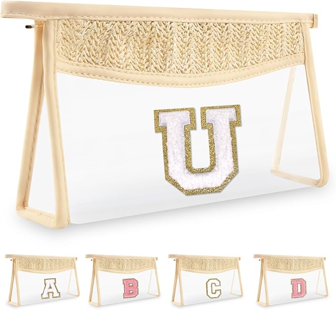 UIXIZQ Personalized Initial Letter Bag Boho Straw Clear Makeup Bag,Small Cute Chenille Varsity Letter Pouch With Zipper,Beach Travel Toiletry,Portable Monogrammed Cosmetic Bag for Women Girls,U