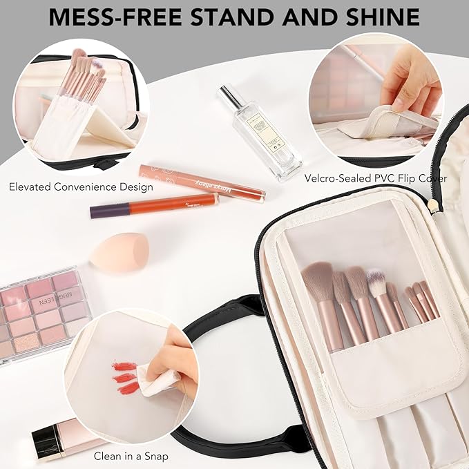 HauteHues Travel Makeup Bag for Women Stand Up Cosmetic Toiletry Case Black