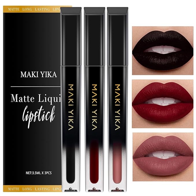 MAKI YIKA 3Pcs Matte Liquid Lipstick Set Black Dark Red Nude Lipstick Smudgeproof