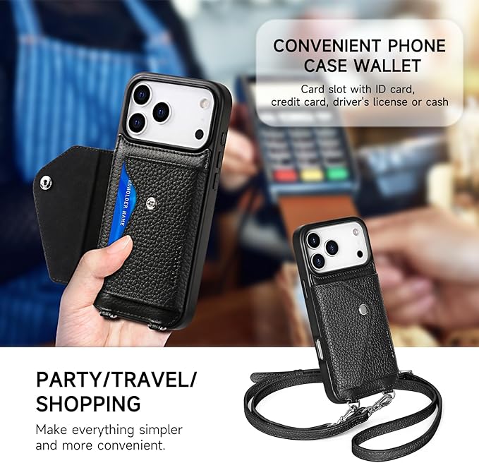 LUCKYCOIN Crossbody Phone Case for iPhone 17 Pro Max,100% Genuine Leather Phone Wallet Case for Women, Premium Hands-Free Phone Purse with Expandable Flip Card Holder & Adjustable Strap - Pebble Black