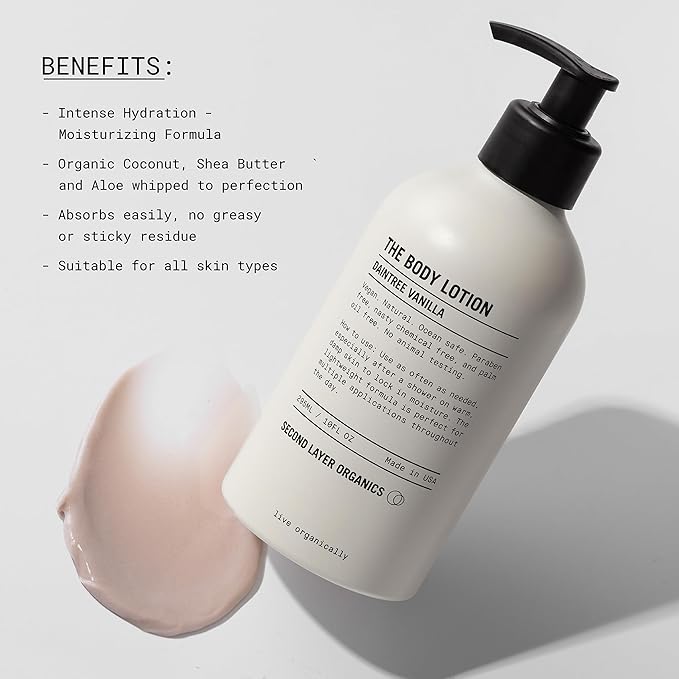 Second Layer Organics Daintree Vanilla Body Lotion | Deep Hydration with Organic Shea, Aloe & Coconut | Fast-Absorbing, Non-Greasy, Vegan Moisturizer for All Skin Types.