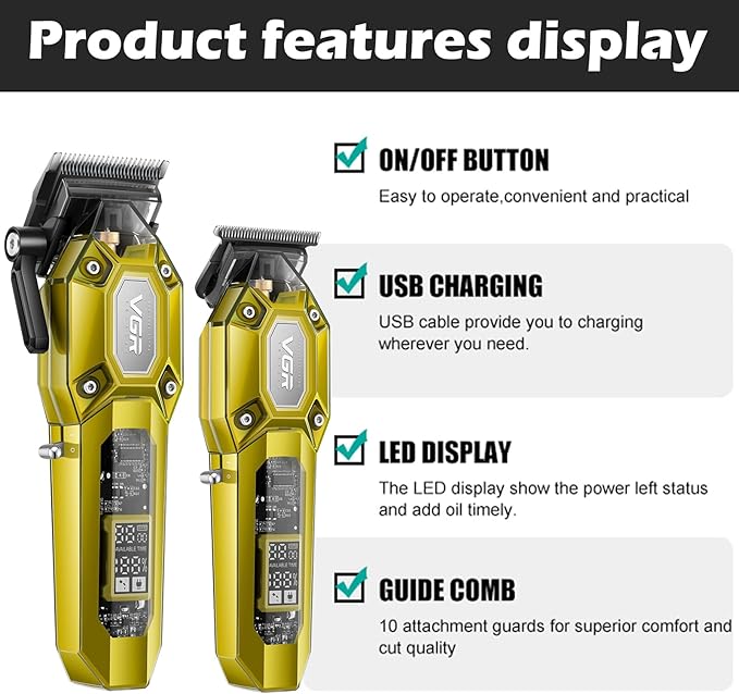VGR 600&900 Cordless Barber Clipper Trimmer Set with LED Display, Gold