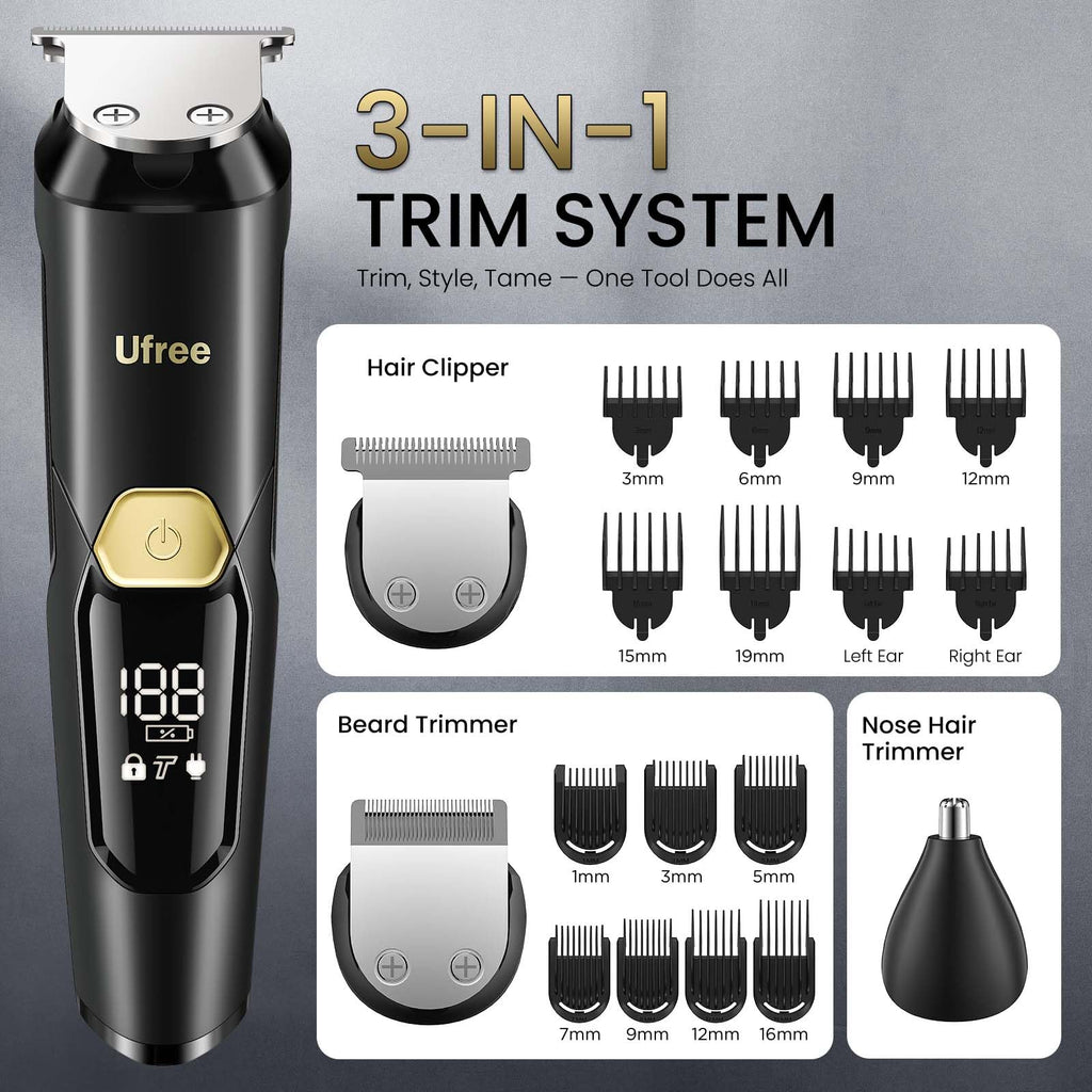 Ufree 3-in-1 Beard Trimmer for Men, IPX6 Waterproof Electric Razor Shaver, Hair Mustache Body Nose Trimmer, Type-C Clippers Husband Father boy Grooming Kit, Birthday Gifts for Men Dad