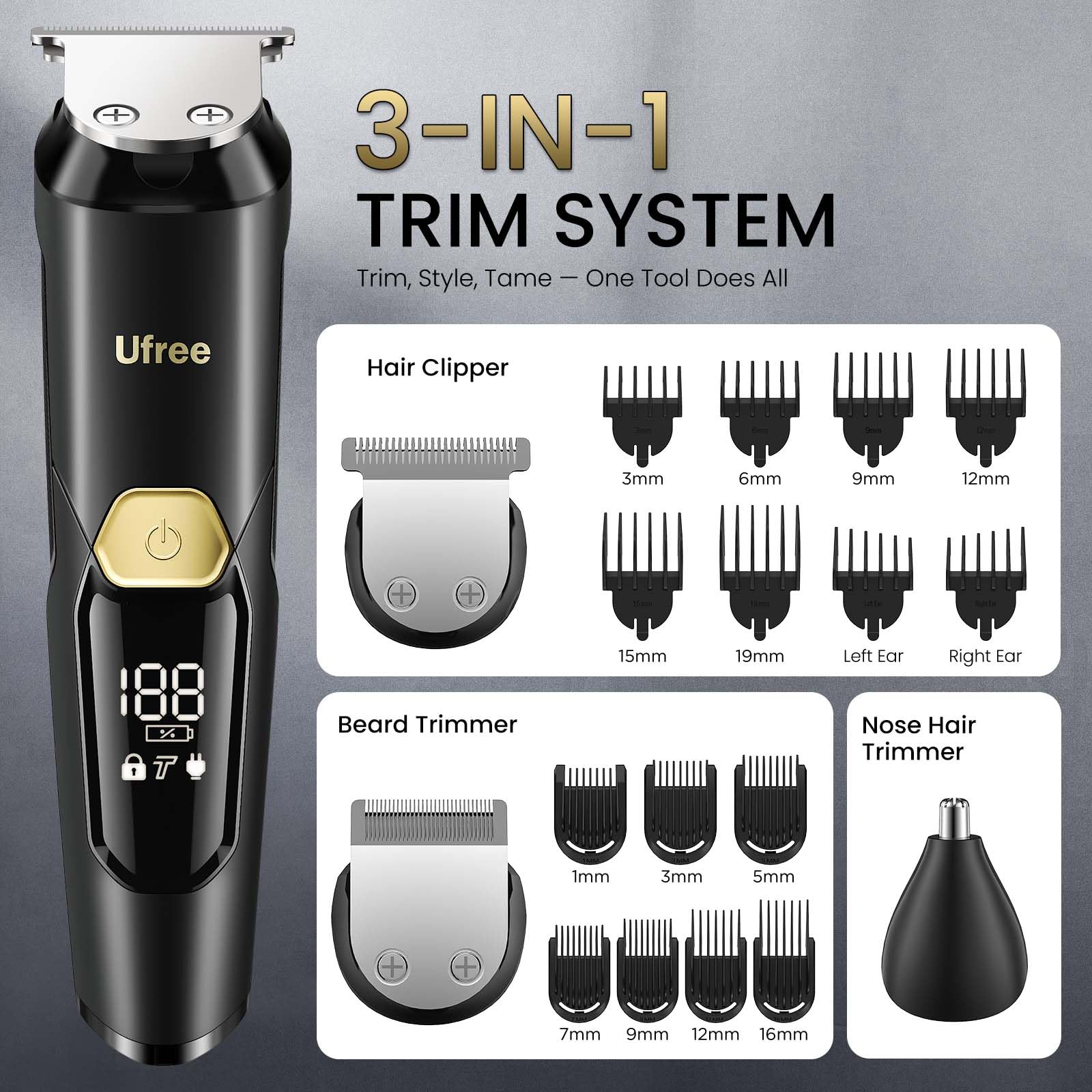 Ufree 3-in-1 Beard Trimmer for Men, IPX6 Waterproof Electric Razor Shaver, Hair Mustache Body Nose Trimmer, Type-C Clippers Husband Father boy Grooming Kit, Birthday Gifts for Men Dad