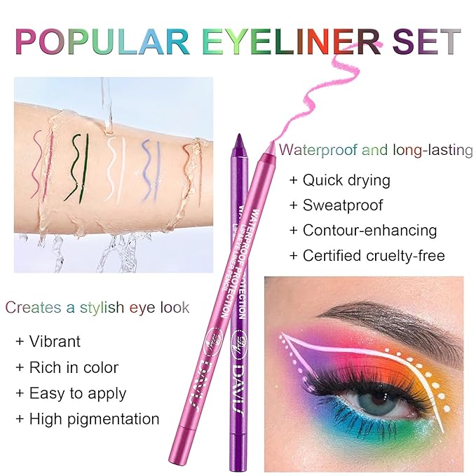 Meilury 7 Colorful Eyeliner Pen Set, Eye Shadow Pencil, Pearl Eyeliner Kit Metallic Glitter Colored Eye liner for Women Eye&Lip Liner Professional Waterproof Eye Makeup (7PCS C)
