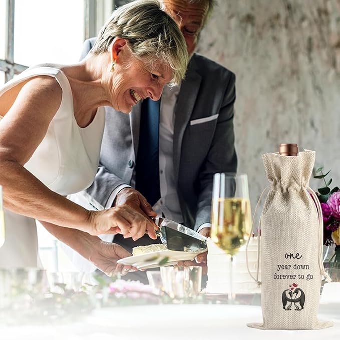 BARREEMO Gifts for First Anniversary for Couple Parents Husband Wife Vow Renewal Gifts One Year Down Forever to Go 1 year Wedding Anniversary Wine Gift Bag