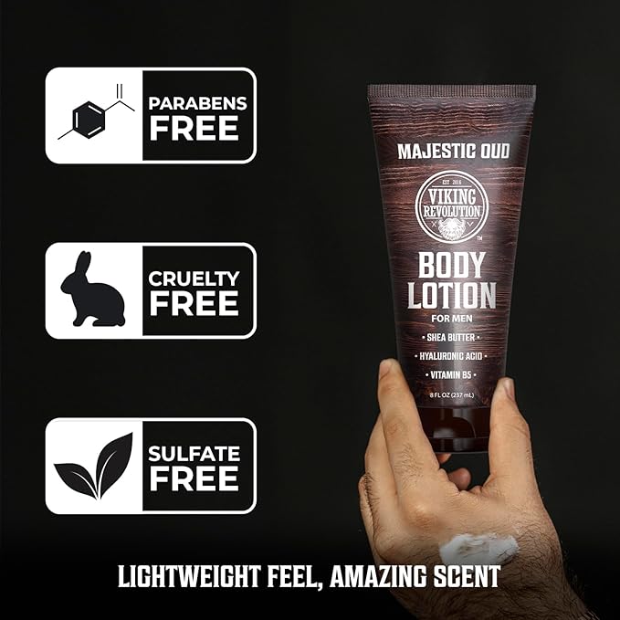Viking Revolution Majestic Oud Body Lotion for Men – Mens Lotion for Dry Skin with Shea Butter, Hyaluronic Acid and Vitamin B5 – Nourishing Mens Body Lotion for Hydrated and Smooth Skin (8oz, 1 Pack)