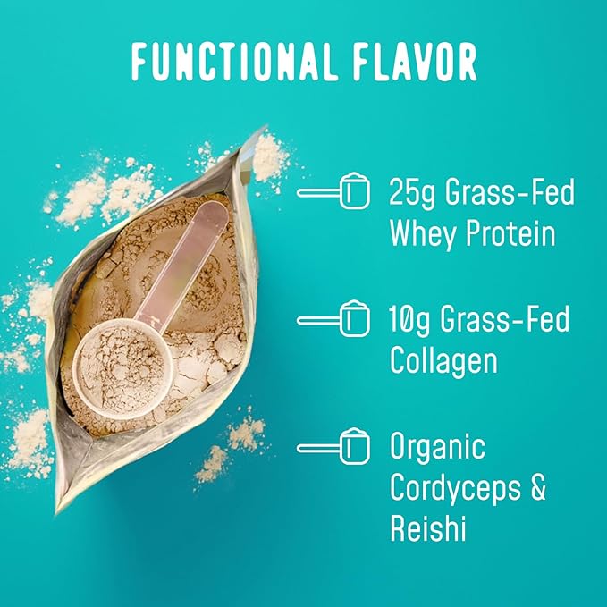 FlavCity Vanilla All in One Protein Shake Powder - On the Go Meal Alternative + Collagen Peptides, Reishi & Cordyceps - Focus, Skin, Hair & Joint Support - 100% Grass Fed Whey, 20 Servings