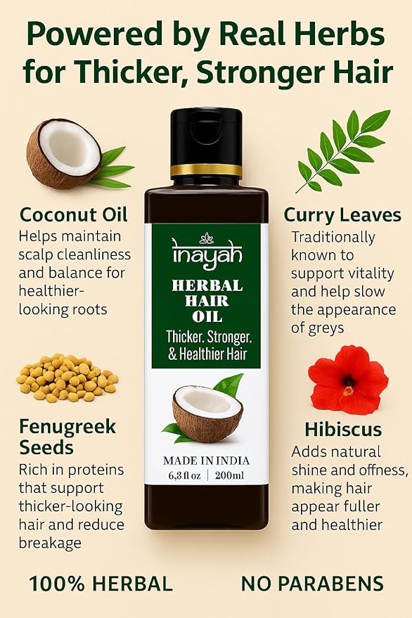 Inayah Ayurvedic Oil | With Coconut Oil, Bhringraj, Amla, Hibiscus & 30+ Natural Herbs | Supports Hair Growth | For Hair Fall Concerns | Postpartum Hair Care | 200ml