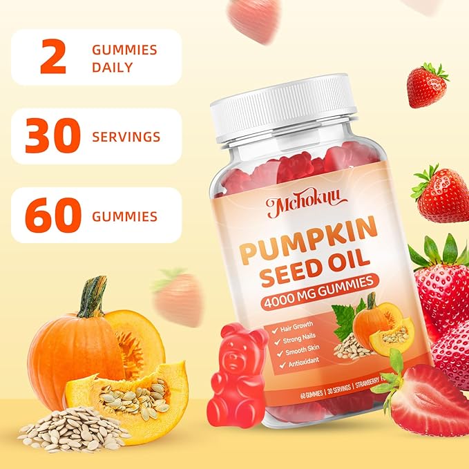 Mchokuu Pumpkin Seed Oil Supplement Gummies with Saw Palmetto for Hair Growth & Skin Health Support, High Pure Extract for Women & Men Extra Strength Pumpkin Seed, Strawberry Flavor, 120 Count