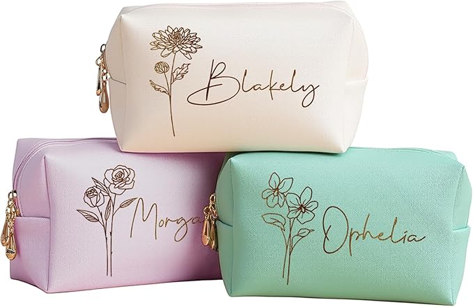 DayOfShe Personalized Makeup Bag with Name and Birth Flower Bridesmaid Gifts,Name Toiletry Bag Mothers Day Mom Gifts,Custom Travel Makeup bag for Bridal Shower Gifts