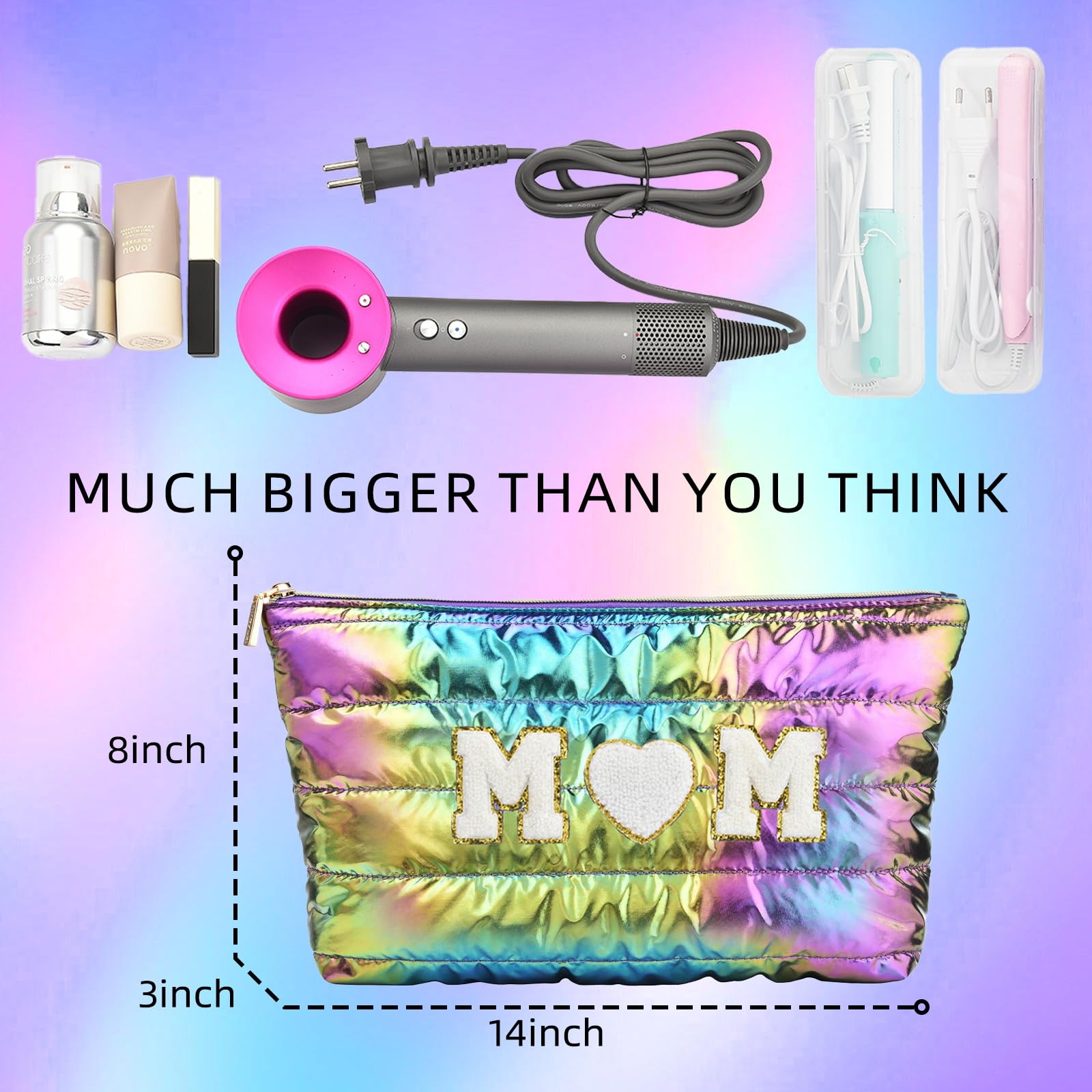 Hiroyuki 3pcs Iridescent Quilted Makeup Bag (ILOVEUMOM, rainbow)