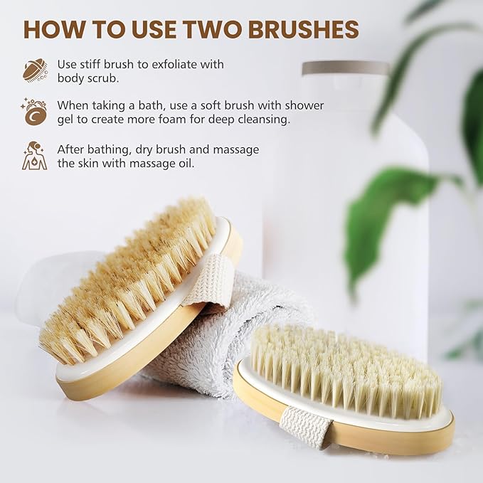 POPCHOSE Dry Brushing Body Brush, Natural Bristle Exfoliating Brush