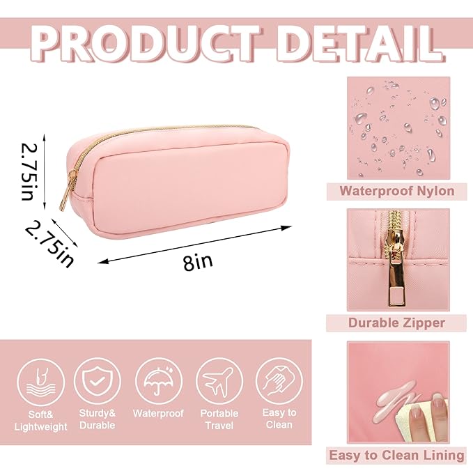 Small Pencil Case Makeup Bag for Purse, Cute Pencil Pouch Preppy Nylon Makeup Brush Bag with Zipper, Girls Portable Stationery Storage Case Small Pen Bag for Office School College(Slim-Flamingo)