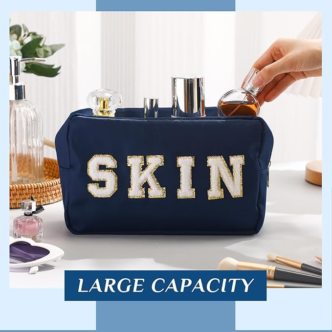 Cunno Preppy Makeup Bags Chenille Letter Stuff Bag Nylon Cosmetic Pouch Cases with Zipper for Women Travel Toiletry(Dark Blue,Classic,4 Pcs)
