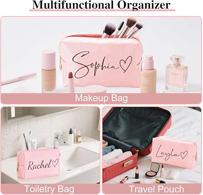 Fincekoom Personalized Makeup Bag with Name & Birth Flower, Custom Leather Cosmetic Bags for Women, Customized Travel Toiletry Bag Gifts for Bridesmaid Wedding