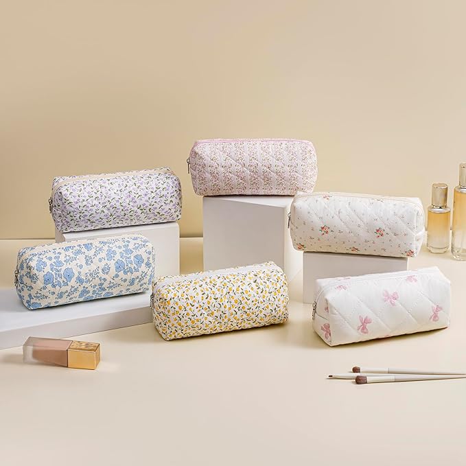 Cute Floral Cotton Makeup Brush Cosmetic Bag for Women, Travel Quilted Zipper Make Up Bag, Flowers Toiletry Organizer Case Kawaii Makeup Cosmetic Travel Cloth Pouch (Yellow Floral)