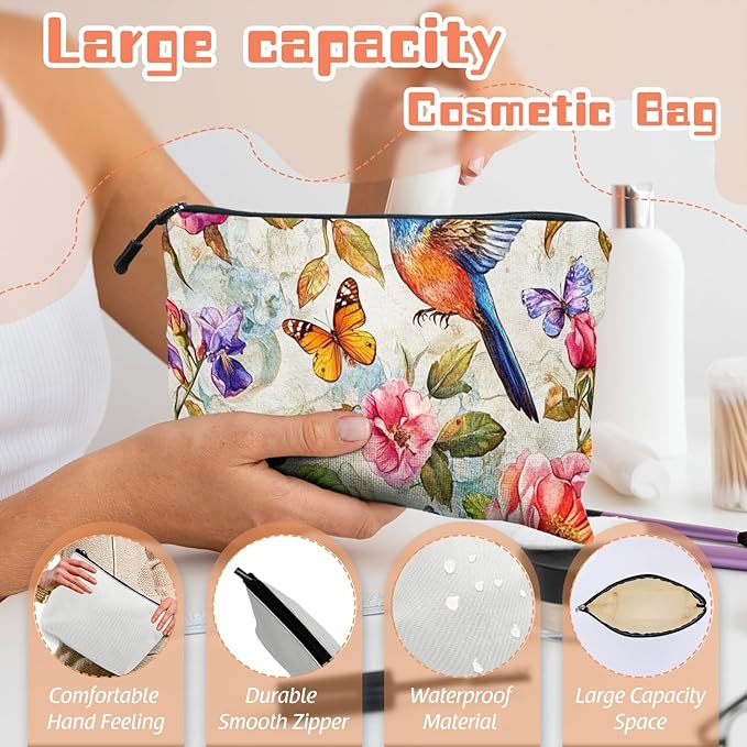 Scribesense Cosmetic Bags Travel Makeup Toilet Case Waterproof Pouch for Women Girls 6.7X9.45inches - Whimsical Flower - Bird - Butterfly World