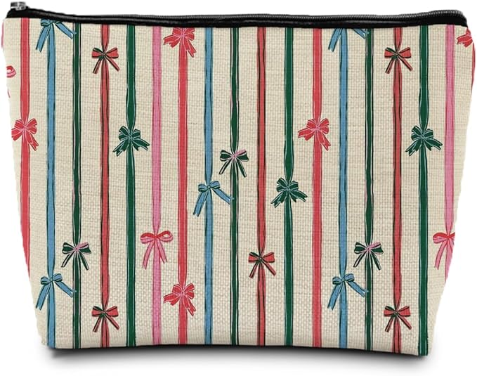 SAFDSGFDB Coquette Christmas Ribbon Bow Makeup Bag, Preppy Red Green and Pink Striped Christmas Cosmetic Bags Gifts for Women, Girly Xmas Portable Travel Toiletry Bag Zipper Makeup Pouch