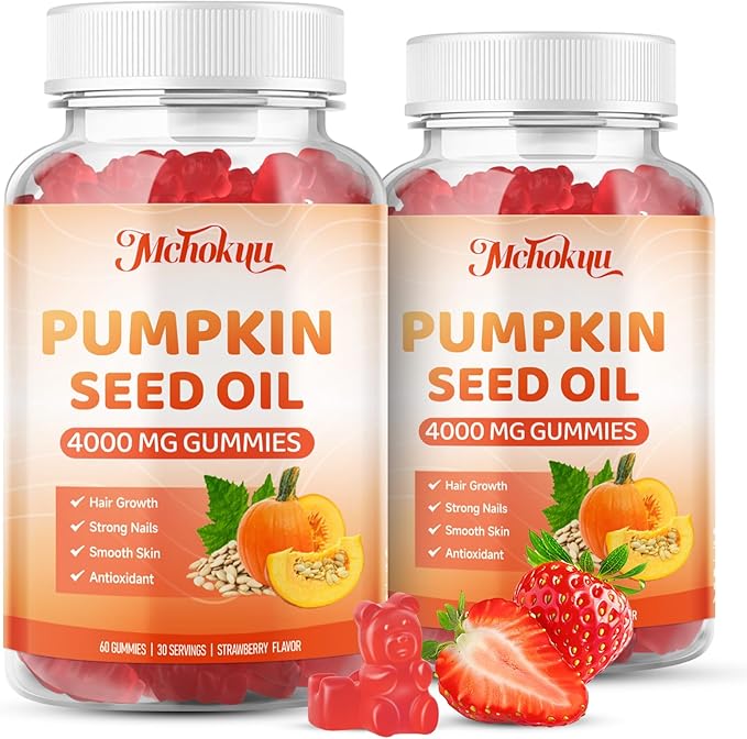 Mchokuu Pumpkin Seed Oil Supplement Gummies with Saw Palmetto for Hair Growth & Skin Health Support, High Pure Extract for Women & Men Extra Strength Pumpkin Seed, Strawberry Flavor, 60 Count