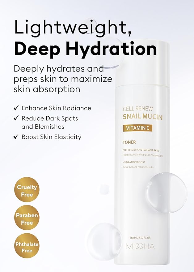 MISSHA Cell Renew Snail Mucin Vitamin C Toner Korean Skincare 5.07 oz