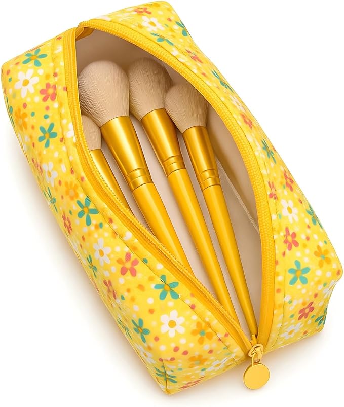 OIMEI Floral Quilted Cotton Makeup Bag for Women, Large Capacity Travel Cosmetic Pouch with Zipper, Cute Toiletry & Brush Organizer, Kawaii Makeup Storage Case – Yellow Sun Flower