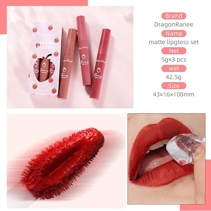 3Pcs Matte Lipstick Set, Dark Velvet Red Color Nude Lip Stain Long Lasting