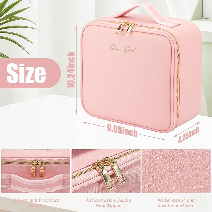 Makeup Travel Train Case with Mirror LED Light 3 Adjustable Brightness Large Cosmetic Bag Portable Storage Adjustable Partition Waterproof Makeup Brushes Make up Jewelry Gift for Women