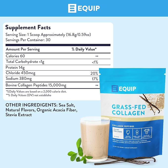 Equip Grass-Fed Hydrolyzed Collagen Powder - Pasture-Raised Bovine Collagen Peptides Powder - 14g Per Scoop - Clean, Daily Supplement for Joints, Gut, Skin, Hair & Nails - Vanilla (30 Scoops)