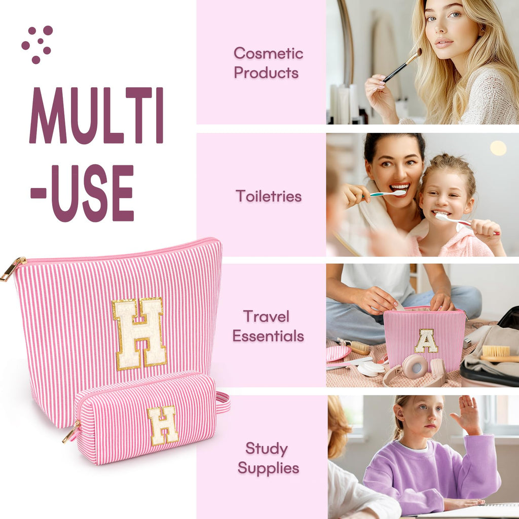 2 PCS Initial Makeup Bags for Women: Cosmetic Bag for Travel Toiletry - Birthday Gifts for 11 12 13 14 15 16 17 18 Years Old Girl Graduation Teacher Gift- Teen Girl Gifts Trendy Stuff - Pink H