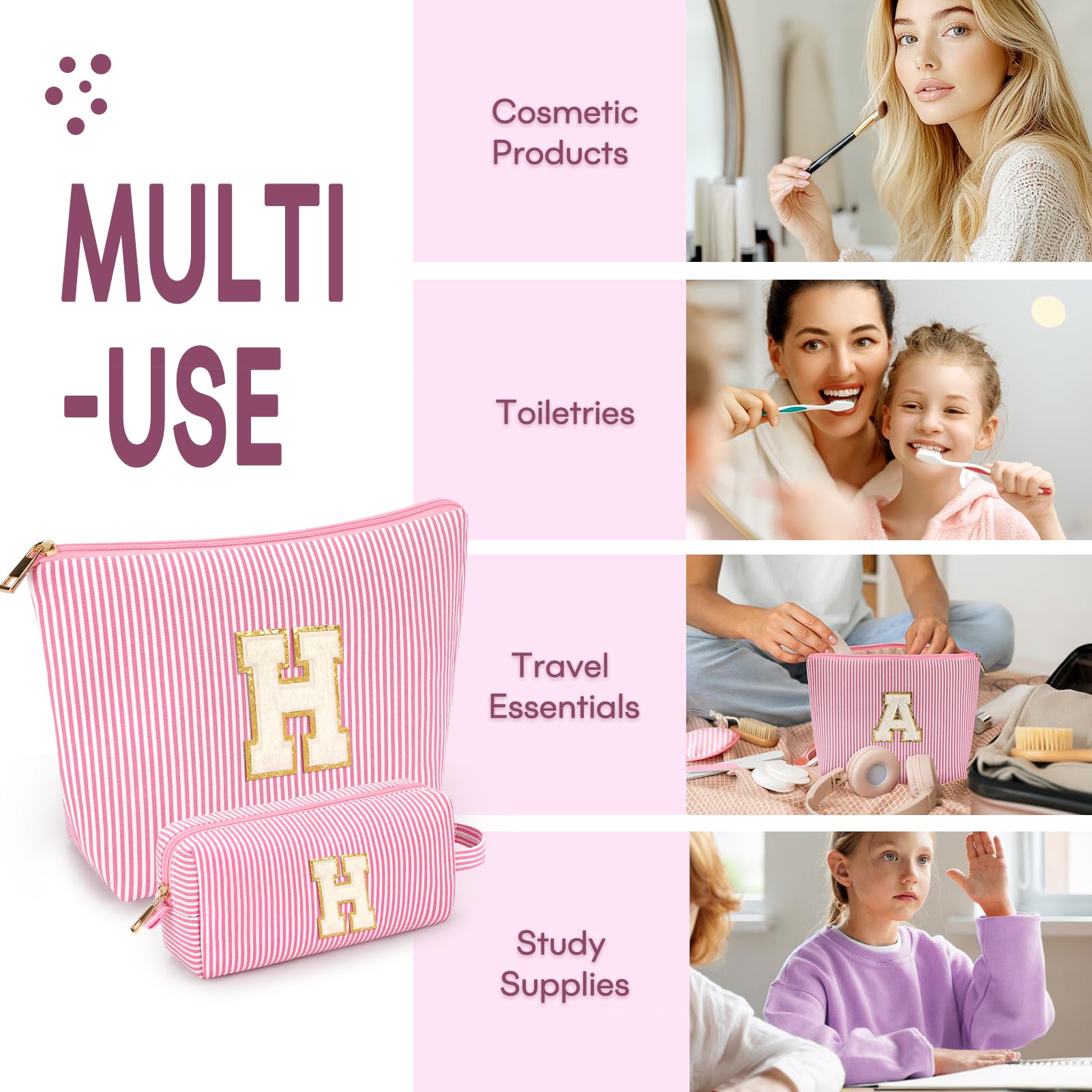 2 PCS Initial Makeup Bags for Women: Cosmetic Bag for Travel Toiletry - Birthday Gifts for 11 12 13 14 15 16 17 18 Years Old Girl Graduation Teacher Gift- Teen Girl Gifts Trendy Stuff - Pink H