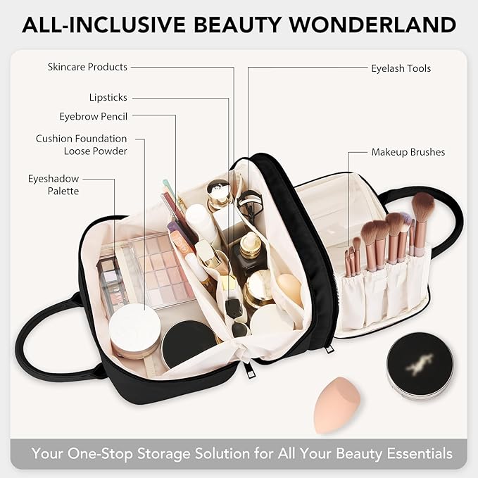 HauteHues Travel Makeup Bag for Women Stand Up Cosmetic Toiletry Case Black